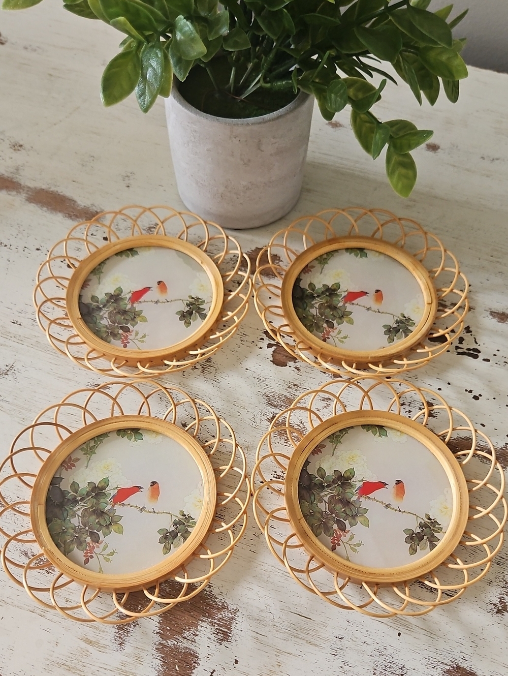 Set of 4 Vintage Rattan/Bamboo Bird Decorative Coasters